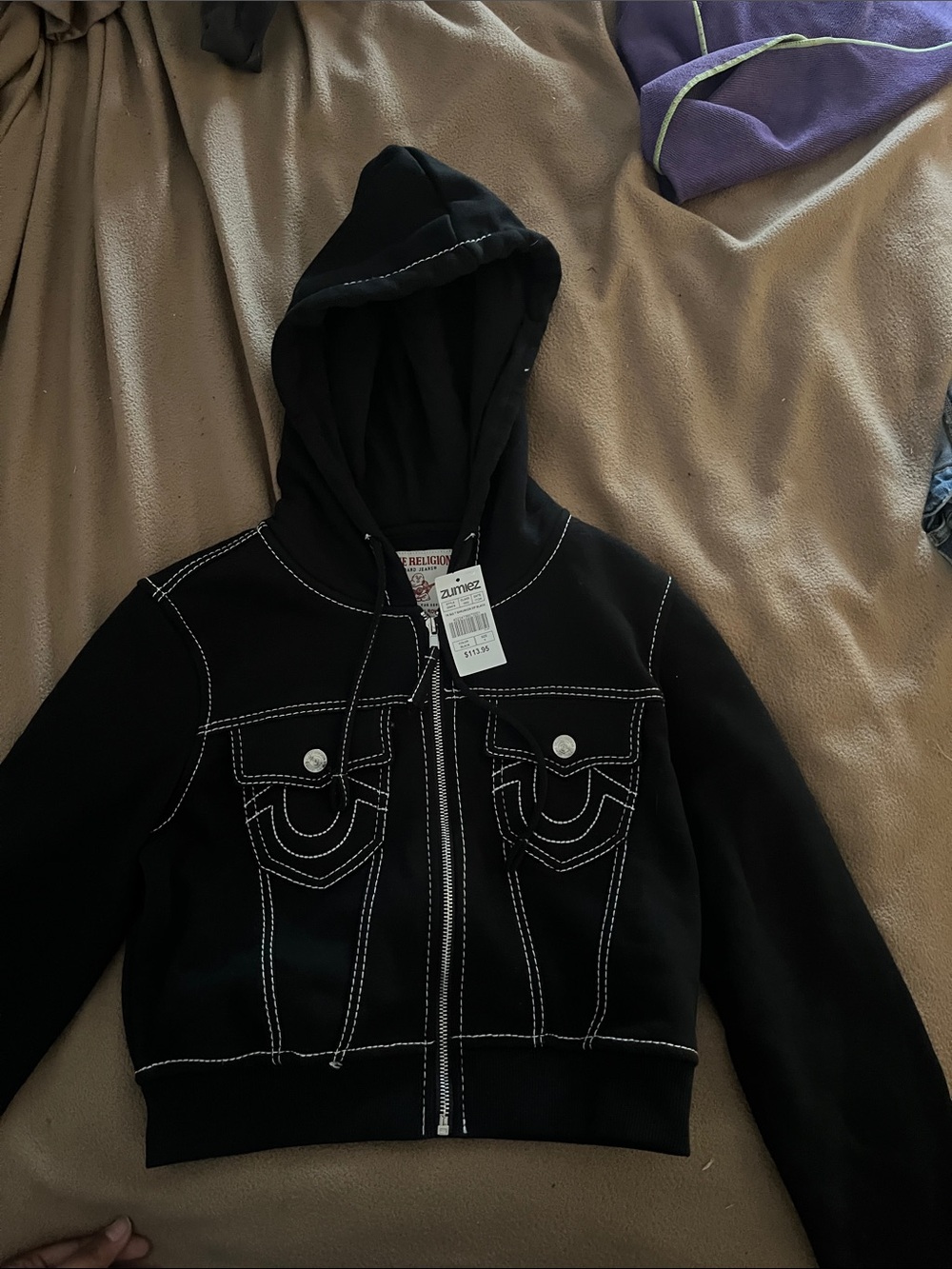 True Religion Black  Hooded Jacket with White Contrast Stitching